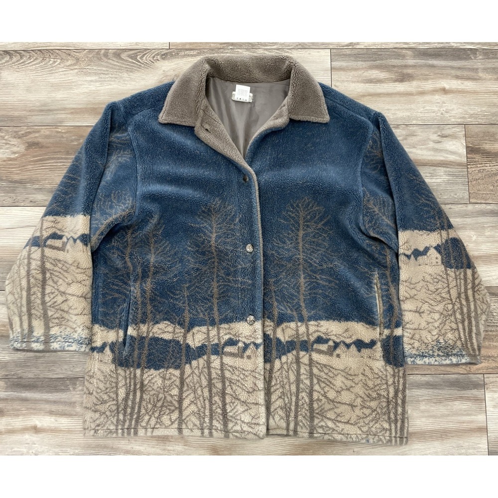 Vintage Coldwater Creek Fleece Jacket Womens 1X Blue Tree Outdoor Scene Cozy
